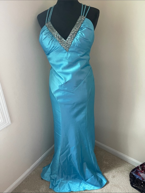Dresses & Skirts - Turquoise Satin Dress with Embellished V-Neck and Criss-Cross Straps